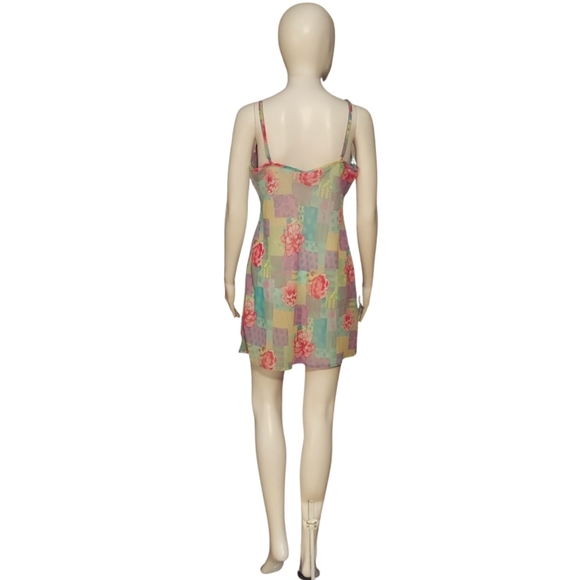 Vintage Y2K Natori Pastel Floral Patchwork Chiffon Ruffle Slip Dress - Picture 5 of 14